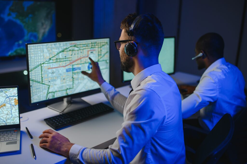 Center of dispatching maintenance. Portrait of men working via headset microphone while sitting on navigation controller board.